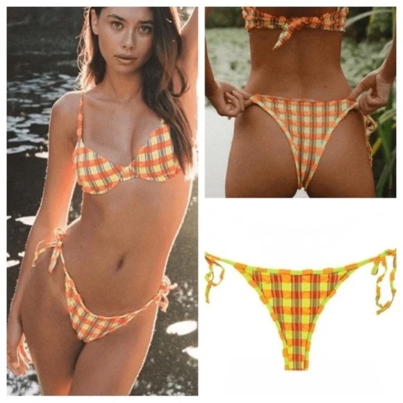 Montce Other - New! Montce neon plaid tie-up side tie bikini bottom Brazilian 19335